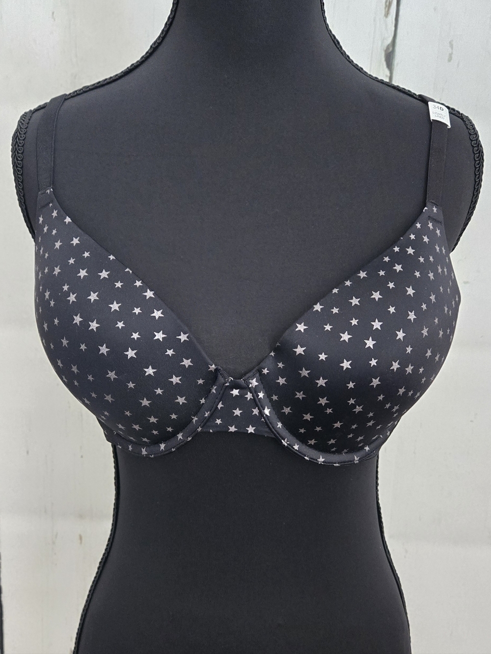 NWT Victoria's Secret Star Print T-Shirt Bra Black/Silver 34D Lightly Lined